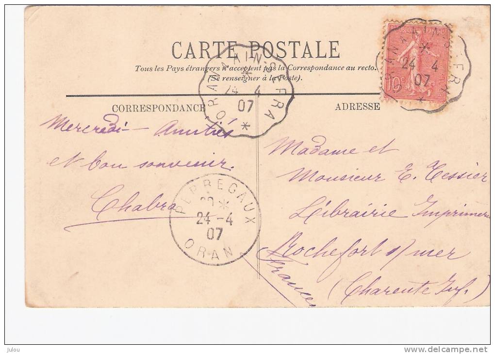 ALGERIE FRANCAISE CACHET  ORAN  AIN SEFRA  PERREGAUX 24.4.07  SUR CPA FEMME NOMADE  POUR ROCHEFFORT SUR MER