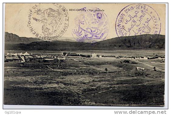 CPA avec 3 cachets Beni Ounif+ Ain Sefra + palmiers (voir scans) datée du 20 fevr 1910