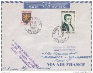 1952 Lettre Premier Vol ALGER EL-GOLEA ADRAR AOULEF TAMANRASSET Algerie Air France Recette Auxiliaire  FFC liaison