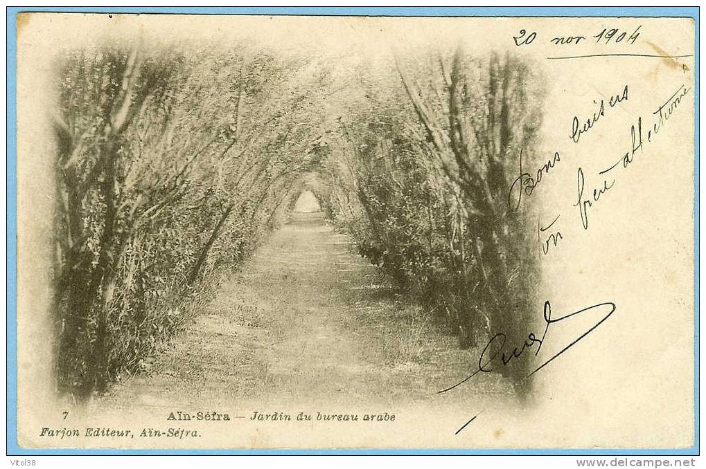 CARTE POSTALE 7 AIN-SEFRA JARDIN DU BUREAU ARABE . FARJON EDITEUR AIN-SEFRA. CACHET ET TIMBRE DE LA POSTE 1904