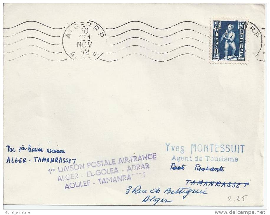 1er liaison postale air france, Alger El Gola, Adrar, Aoulef, Tamanrasset 11-11-52
