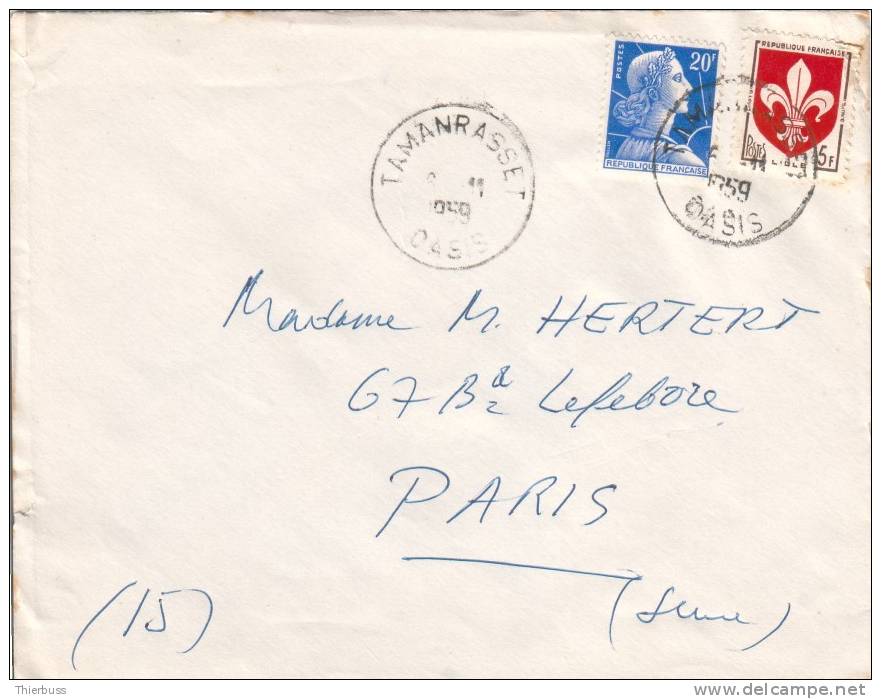 lettre du 8 novembre 1959 affranchie avec muller et blason lille timbre à date tamanrasset oasis