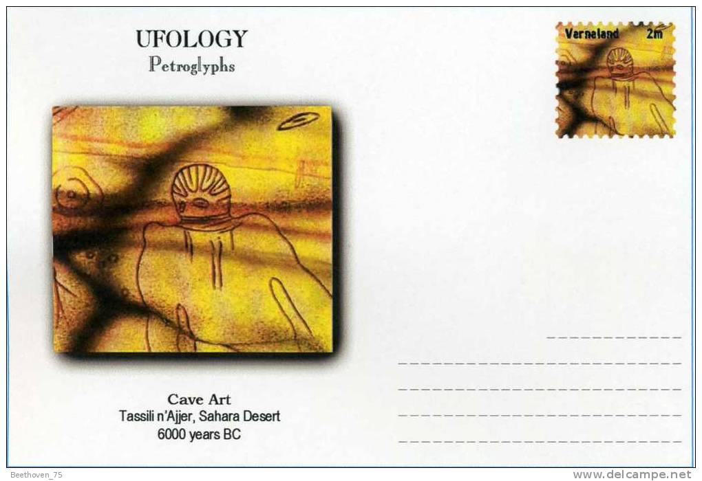 Label (Fantaisie)Verneland, 2013, entier postal , science, UFO, Ufology, Petroglyphs, Tassili