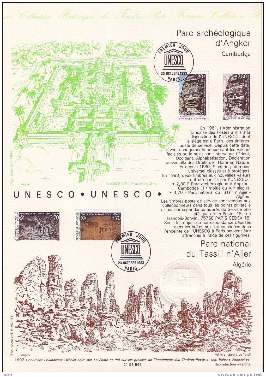 (2299-1993) document officiel de la Poste UNESCO Angkor Cambodge Tassili n'Ajjer Algérie (N° 93 547)