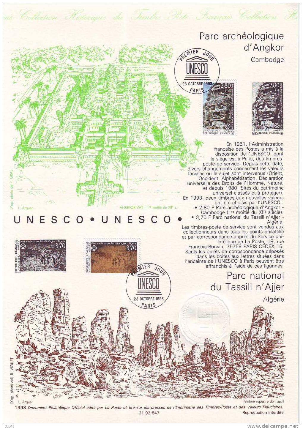 (1755-1993) document officiel de la Poste UNESCO Angkor Cambodge Tassili n´Ajjer Algérie (N° 93 547)