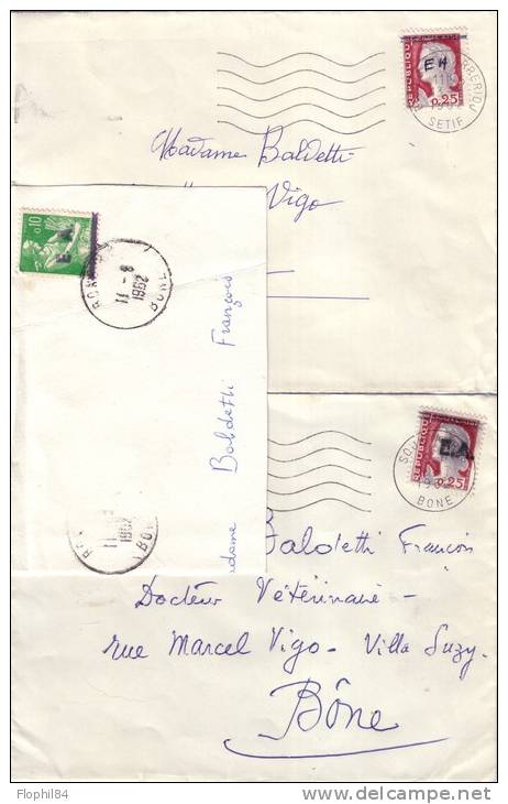 ALGERIE-SURCHARGE EA SUR MARIANNE - LOT DE 2 LETTRES ET UN FRAGMENT SOUKARAS-BORDJ BOU ARRERIDJ-BONE.