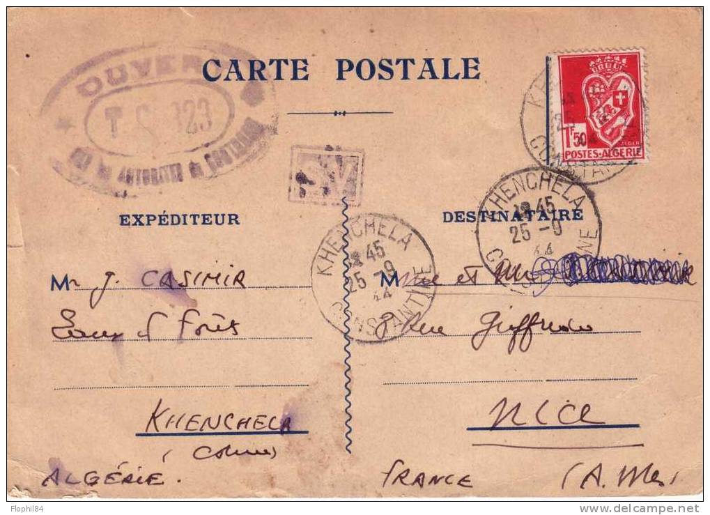 ALGERIE-KHENCHELA 25-9-1944-CENSURE TC323/CARTE POSTALE