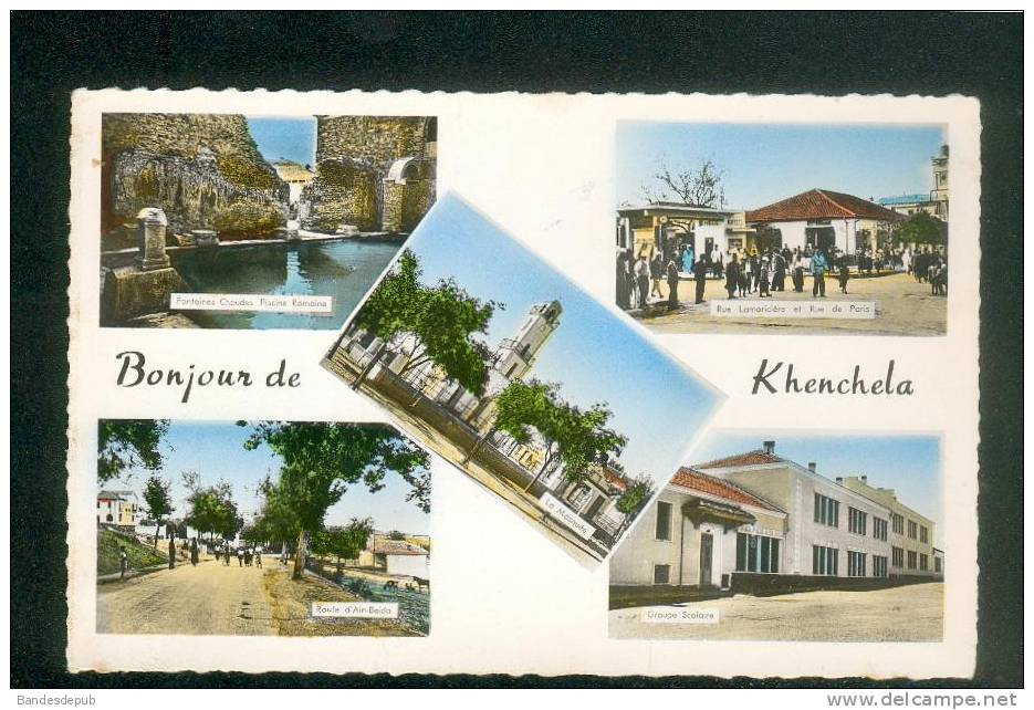 CPSM - Bonjour de Khenchela ( multivues Groupe scolaire route d'Ain Beida... station SHELL Ed. Photo Africaine)