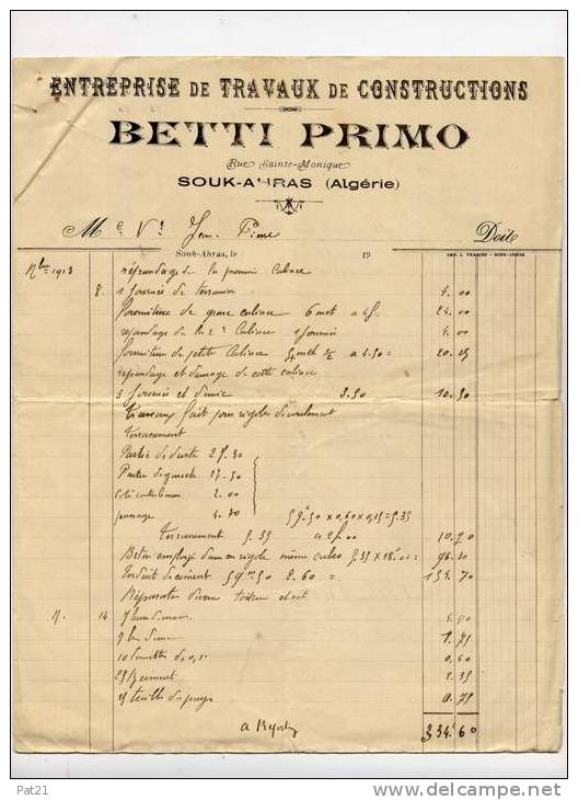 ALGERIE  1913    travaux de construction Betti Primo     à Souk-Ahras