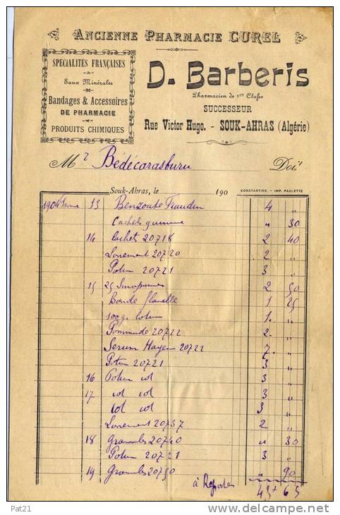 ALGERIE  1904    pharmacie Barberis à Souk-Ahras