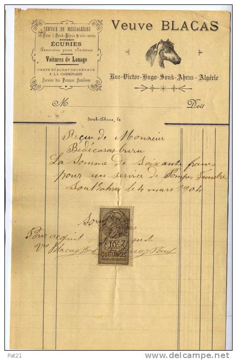 ALGERIE 1904 Ecuries,voitures de louages ,illustration cheval,   à Souk-Ahras