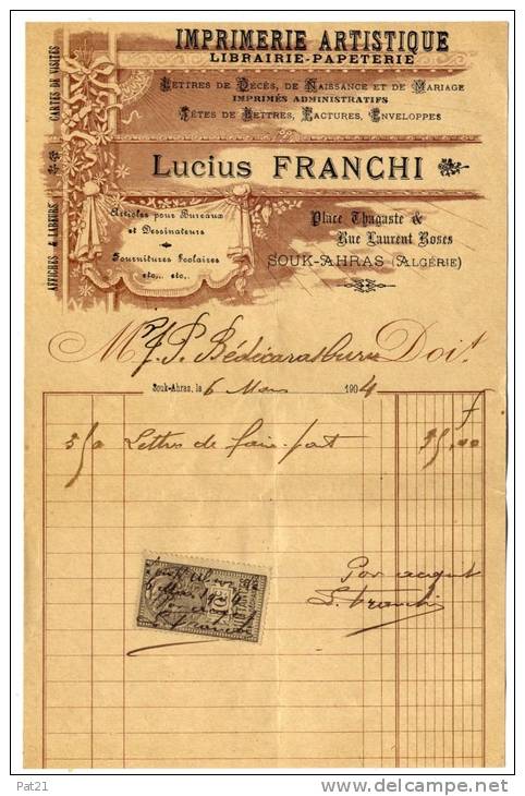ALGERIE 1904 imprimerie artistique FRANCHI à Souk-Ahras