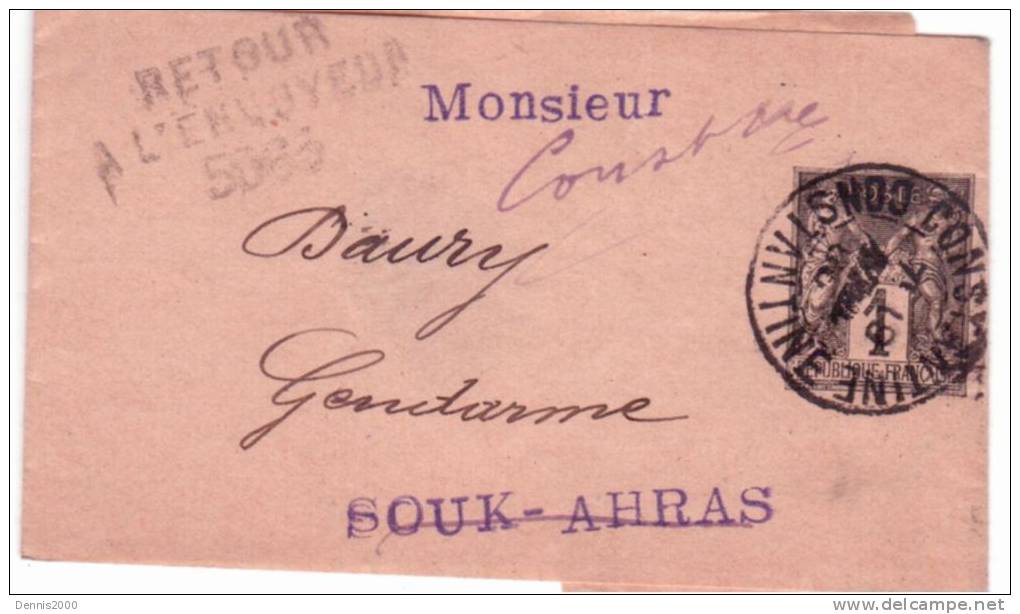 1900 - bande de journal  E P 1 c  oblit. de Constantine pour Souk-Ahras  avec retour n° 5065