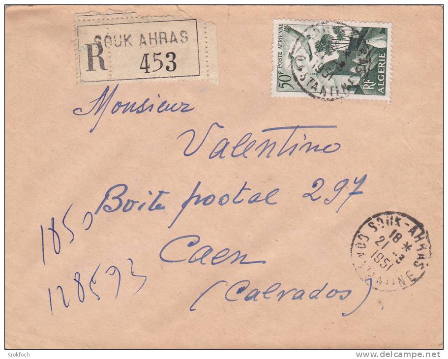 Souk Ahras 1951 - lettre recommandée Algérie avec étiquette recommandation