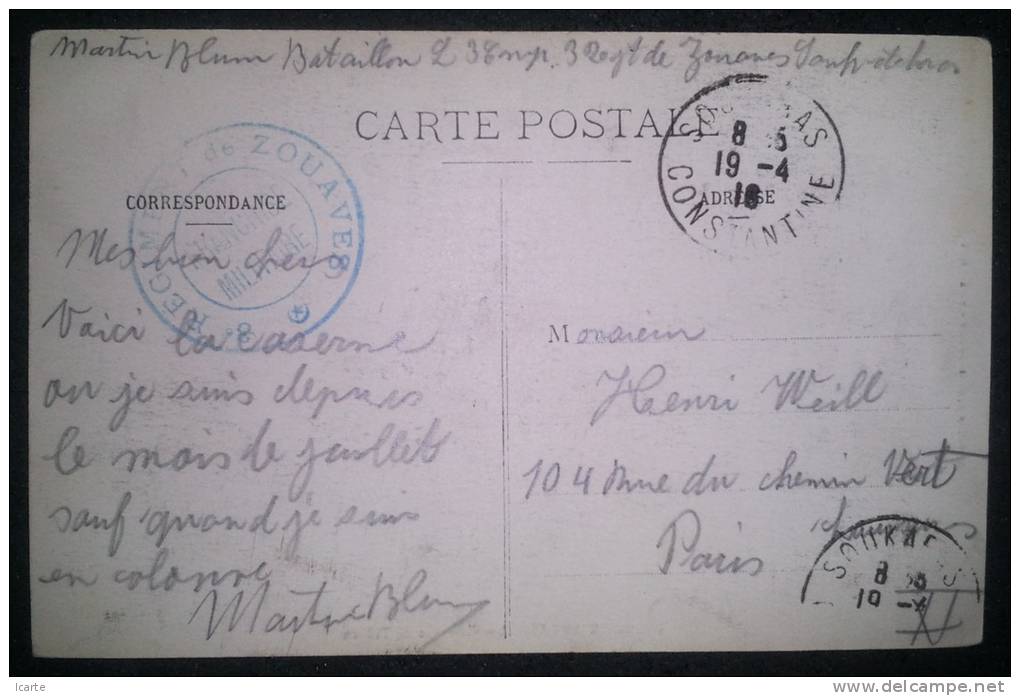 CPA SOUK AHRAS  Les Casernes de Tiffech Franchise Militaire 3e Régiment Zouaves 1916