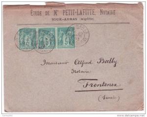 1893- enveloppe de SOUK-AHRAS ( Constantine ) cad  A   sur  5 c Sage x 3