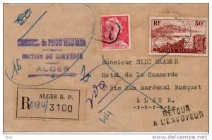 Algérie Marcophilie Lettre recommandée 65 f. Alger RP du 21/11/55 Conseil de Prud´hommes Ruines de Tipaza