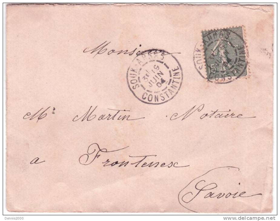 1904- enveloppe de SOUK-AHRAS ( Constantine ) cad  A   sur  15 c Semeuse