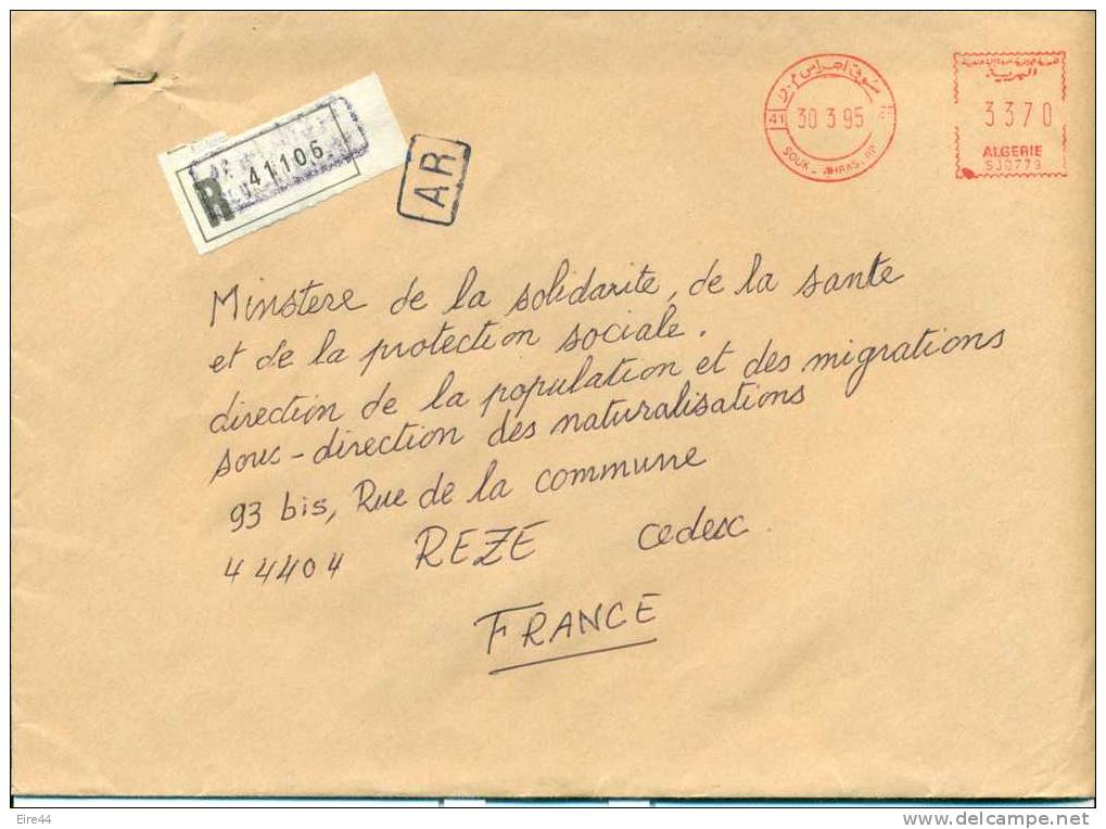 Algérie Algeria 30 Mar 1995 Souk Ahras lettre recommandée Registered cover label machine SJ0779 ministere ministry