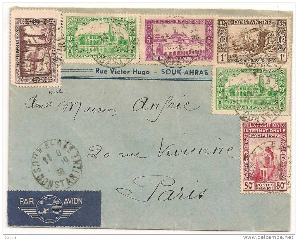 Lettre - ALGERIE - SOUK AHRAS Càd/N°104+105x2+110+112+1 16 - PAR AVION - 1938 - TTB