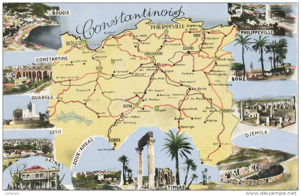 cpa,algérie,carte ,map,photo bougie,constantine,ouargl a,setif,batna,souk-ahras, timgad,djemila,bone,phili ppeville,rare