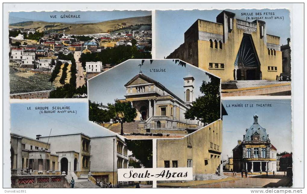 ALGERIE   SOUK - AHRAS  , Souvenir  .  dentelée glaçée 90x140  écrite non timbrée