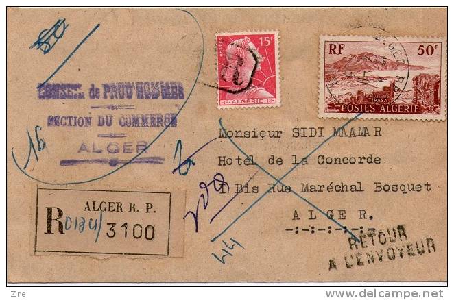 Algérie Marcophilie Lettre recommandée 65 f. Alger RP du 21/11/55 Conseil de Prud´hommes Ruines de Tipaza