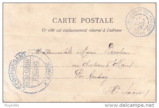 ALGERIE - BENI-OUNIF-DE-FIGUIG ORAN - T DE TELEGRAPHE LE 5 SEPT 1903 (RARE ET NON SIGNALE) + CACHET DU COMMANDANT D'AR.