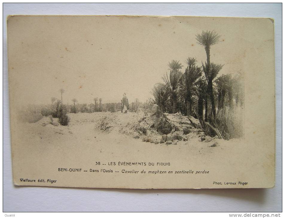 cpa, très belle vue animée, les évènements du Figuig, Beni Ounif, dans l'oasis, cavalier du maghzenn en sentinelle perdu