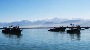 Le Port de Béjaïa avec en arrière plan les monts Djurjura enneigés