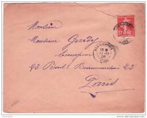 1906 -enveloppe affr. 10 c semeuse oblit. cad T18 de BERROUAGHIA  / ALGER