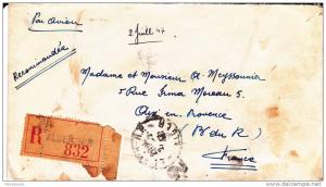 ALGERIE - 1947 - ENVELOPPE MILITAIRE (19°GENIE) RECOMMANDEE de HUSSEIN-DEY par AVION pour AIX EN PROVENCE - ARMOIRIES