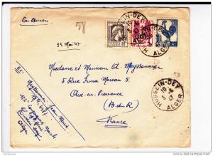 ALGERIE -1947- ENVELOPPE MILITAIRE (19°GENIE) de HUSSEIN-DEY par AVION pour AIX EN PROVENCE - COQ CHAINES MARIANNE ALGER