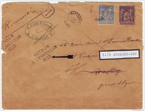 lettre RECOMMANDE Sage obl cachet CHARGEMENT ALGER , RETOUR A L'ENVOYEUR 5115 ( HUSSEIN DEY ) 1896 , RARE