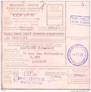 _B962Mandat de poste internationale de la BelgiqueTAXE PERCUE/RECHT GEHEVEN>HUSSEIN-DEY ALGER 1,00F port en plus...A15