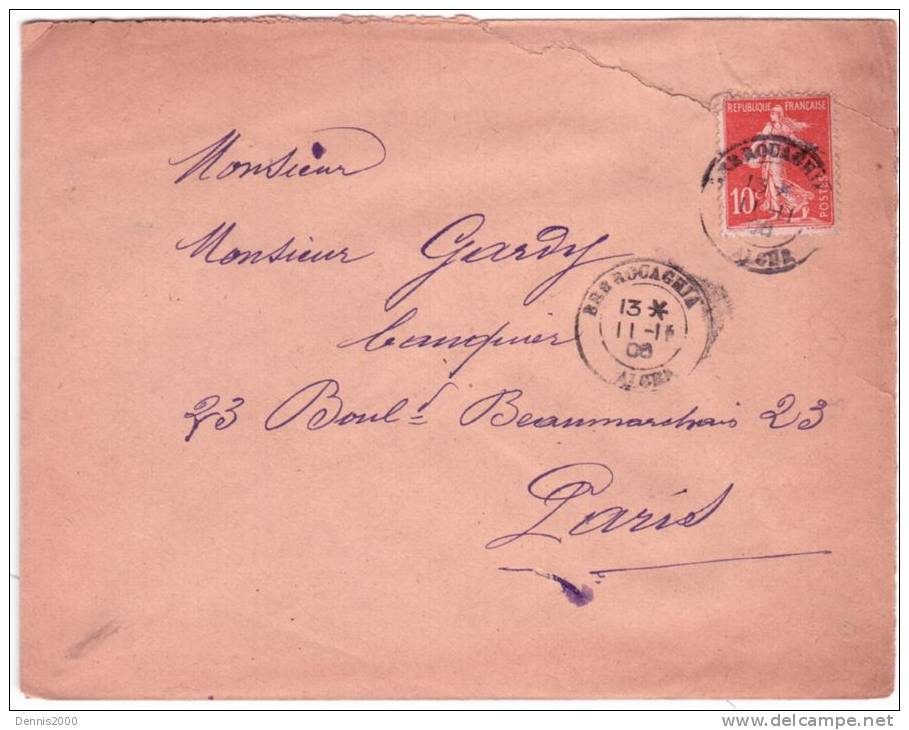 1906 -enveloppe affr. 10 c semeuse oblit. cad T18 de BERROUAGHIA  / ALGER