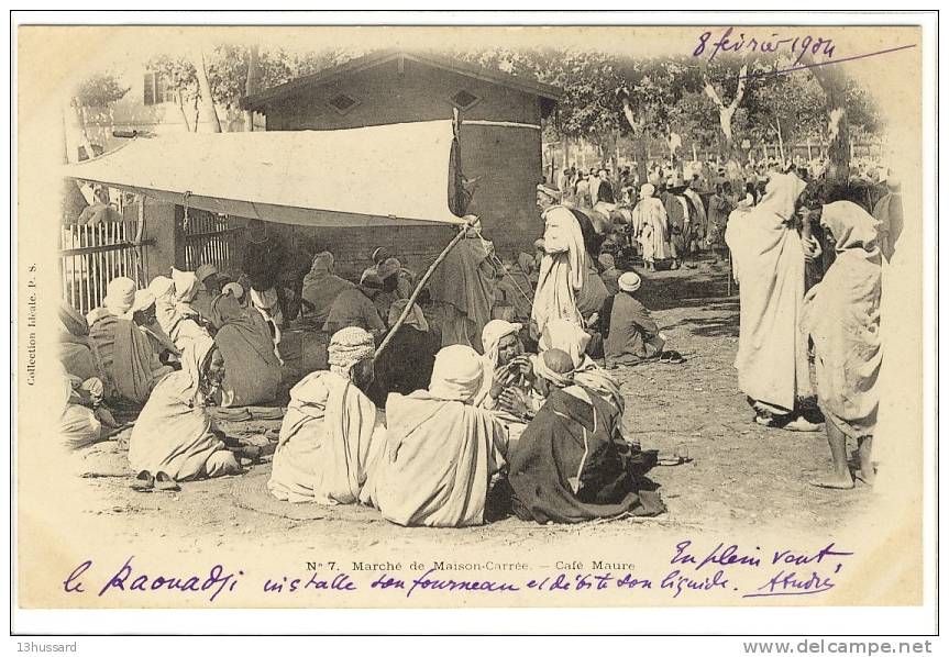 Carte Postale Ancienne Algérie - Maison Carrée (El Harrach). Marché. Café Maure