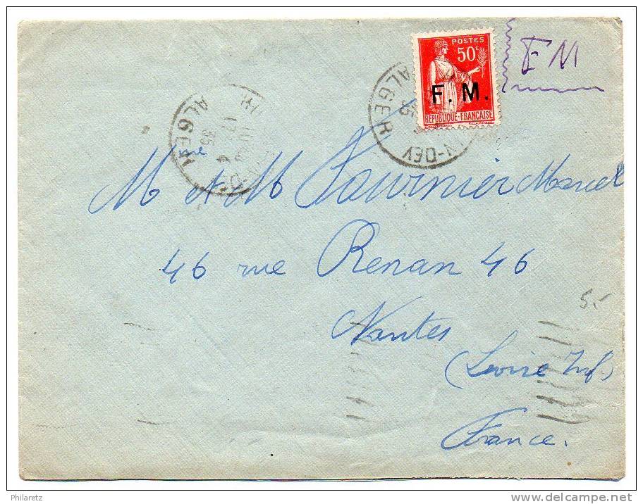 Franchise Militaire 50c Paix sur lettre oblitérée CaD de ´HUSSEIN-DEY ALGERIE´ de 1935