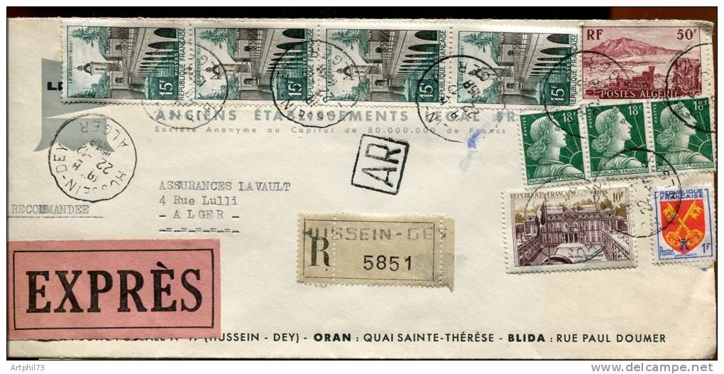 61140 B - 1 TP + FRANCE  9 TP, tarif  175 f, cad HUSSEIN DEY ALGER 12 1958 REC AR EXPRES pour Alger TB