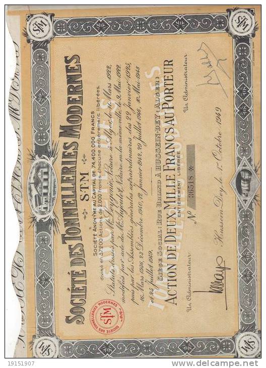 SOCIETE DES TONNELLERIES MODERNES  1949 A HUSSEIN DEY  ALGER