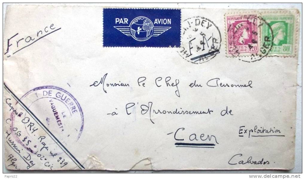 lettre algérie par avion hussein dey pour caen 1946?
