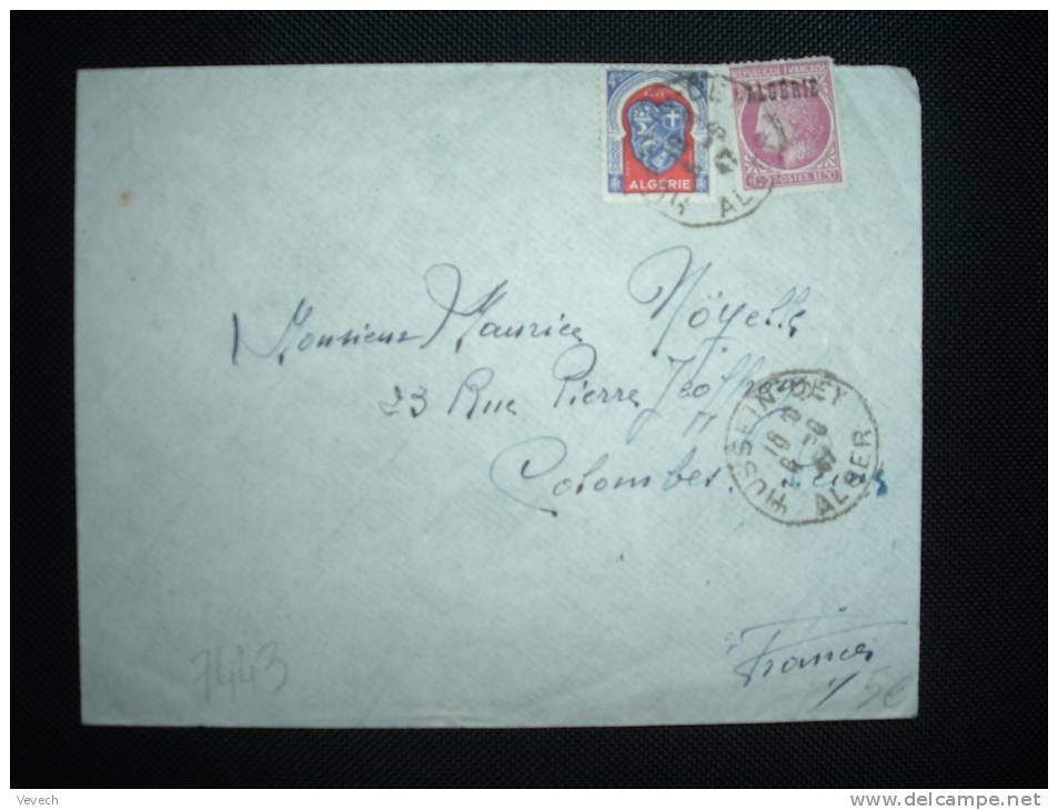 LETTRE CERES DE MAZELIN 1,50 F SURCHARGE ALGERIE + TP BLASON ALGER  4,50 F OBL. 6-6-47 HUSSEIN DEY