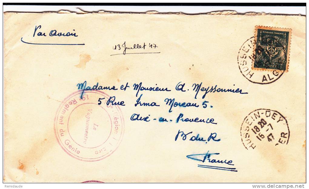 ALGERIE - 1947 - ENVELOPPE FM (19°GENIE) de HUSSEIN-DEY par AVION pour AIX EN PROVENCE - TIMBRE FM VERT