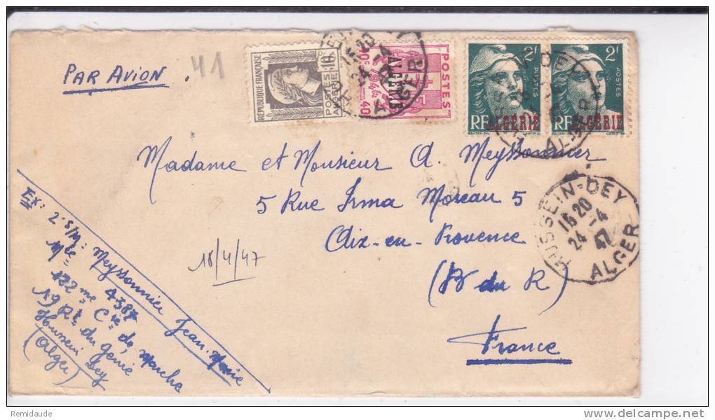 ALGERIE - 1947 - ENVELOPPE MILITAIRE (19°GENIE) de HUSSEIN-DEY par AVION pour AIX EN PROVENCE - GANDON +MARIANNE D´ALGER