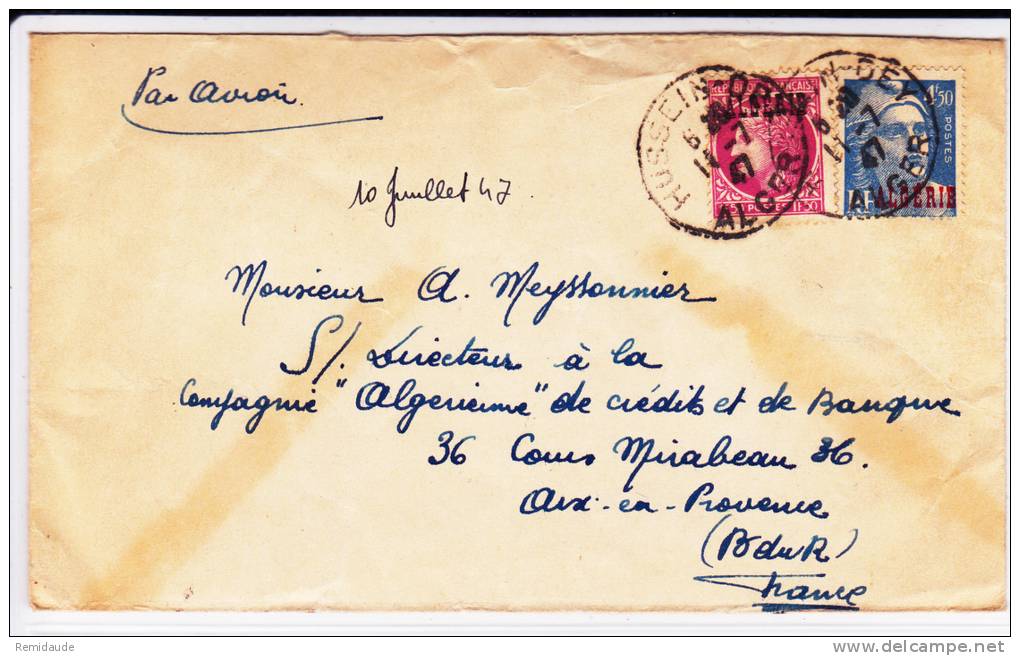 ALGERIE - 1947 - ENVELOPPE MILITAIRE (19°GENIE) de HUSSEIN-DEY par AVION pour AIX EN PROVENCE - GANDON + CERES MAZELIN
