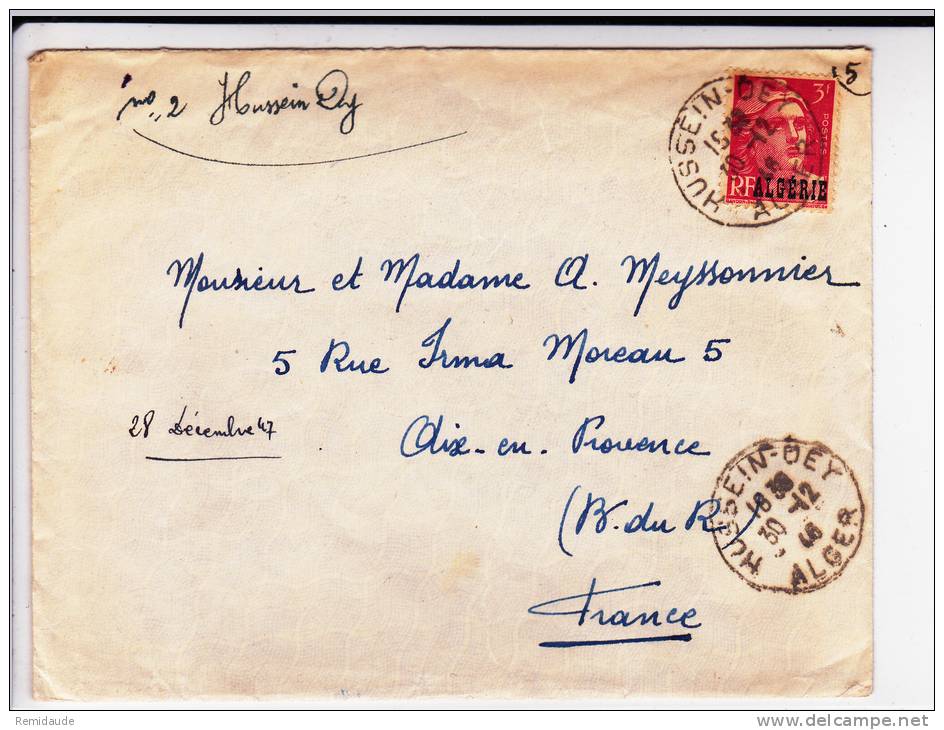 ALGERIE - 1946 - ENVELOPPE de HUSSEIN-DEY pour AIX EN PROVENCE - TYPE GANDON SURCHARGE