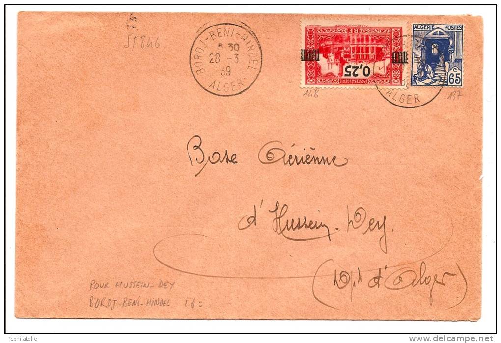ALGÉRIE Nos 137+148 OBL TÀD BORDJ-BENI-HINDEL ALGER 1939 POUR HUSSEIN-DEY