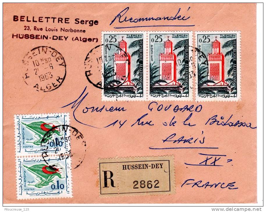 ALGERIE - MARCOPHILIE -  BELLETTRE Serge - Recommandée HUSSEIN DEY n° 2862  du 21/06/1963 - VOIR SCAN