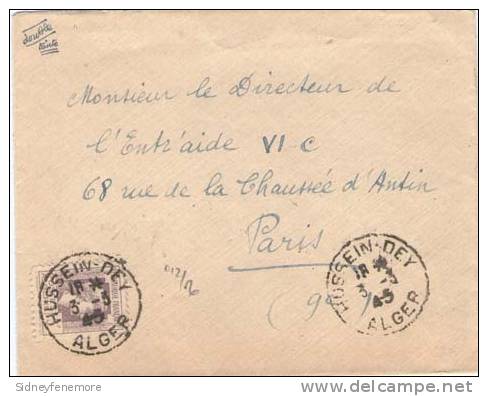 Algeria 1945{3-3} Cover f.w. 3f canc. Hussein-Dey and sent to Paris. No back flap.