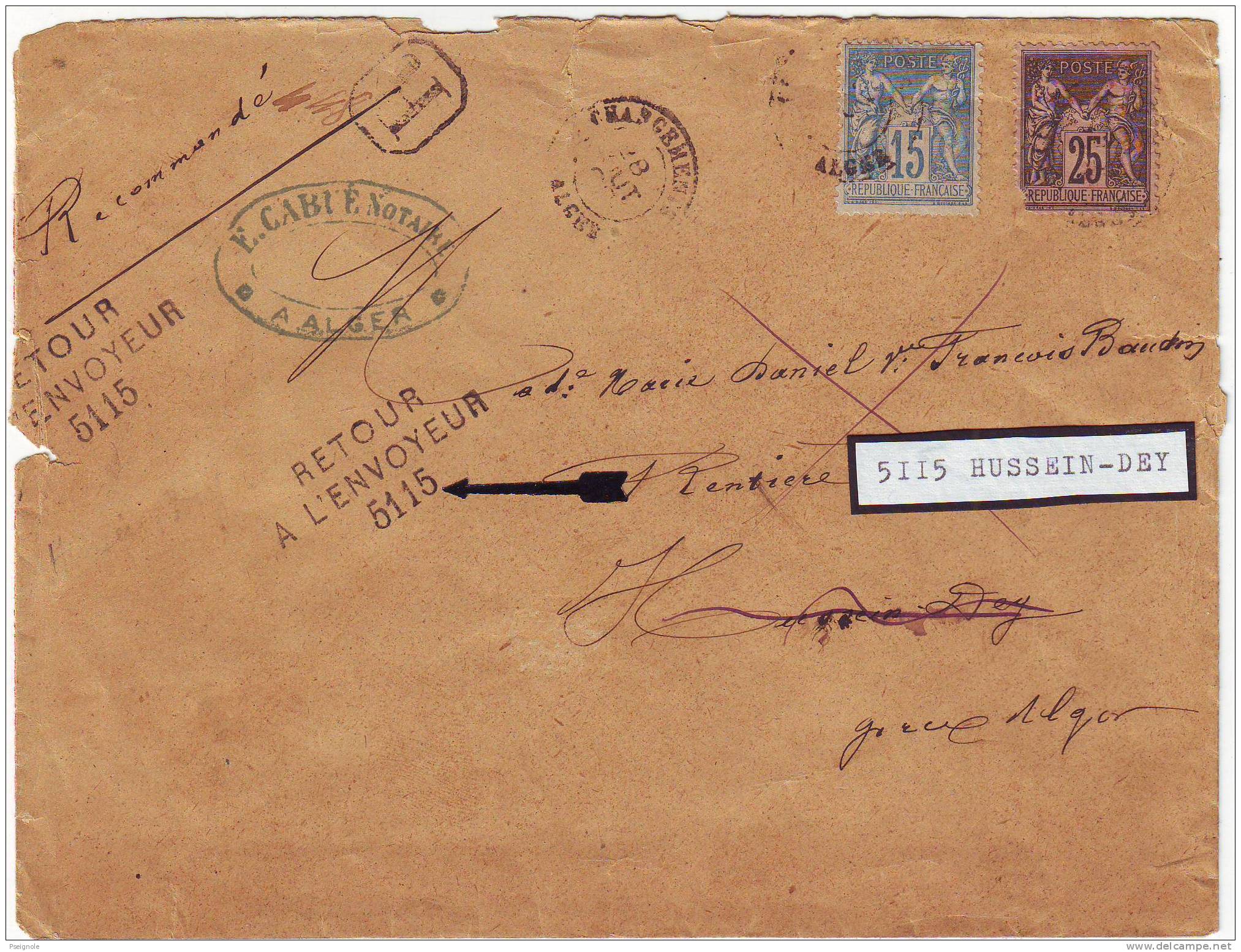lettre RECOMMANDE Sage obl cachet CHARGEMENT ALGER , RETOUR A L'ENVOYEUR 5115 ( HUSSEIN DEY ) 1896 , RARE +++